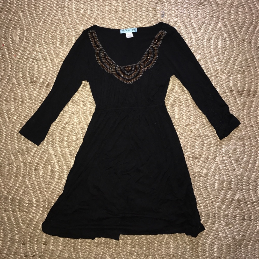 Black dress with gold, black and silver beading