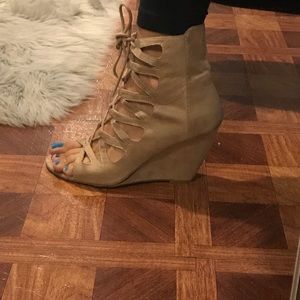 Bone colored lace up wedges