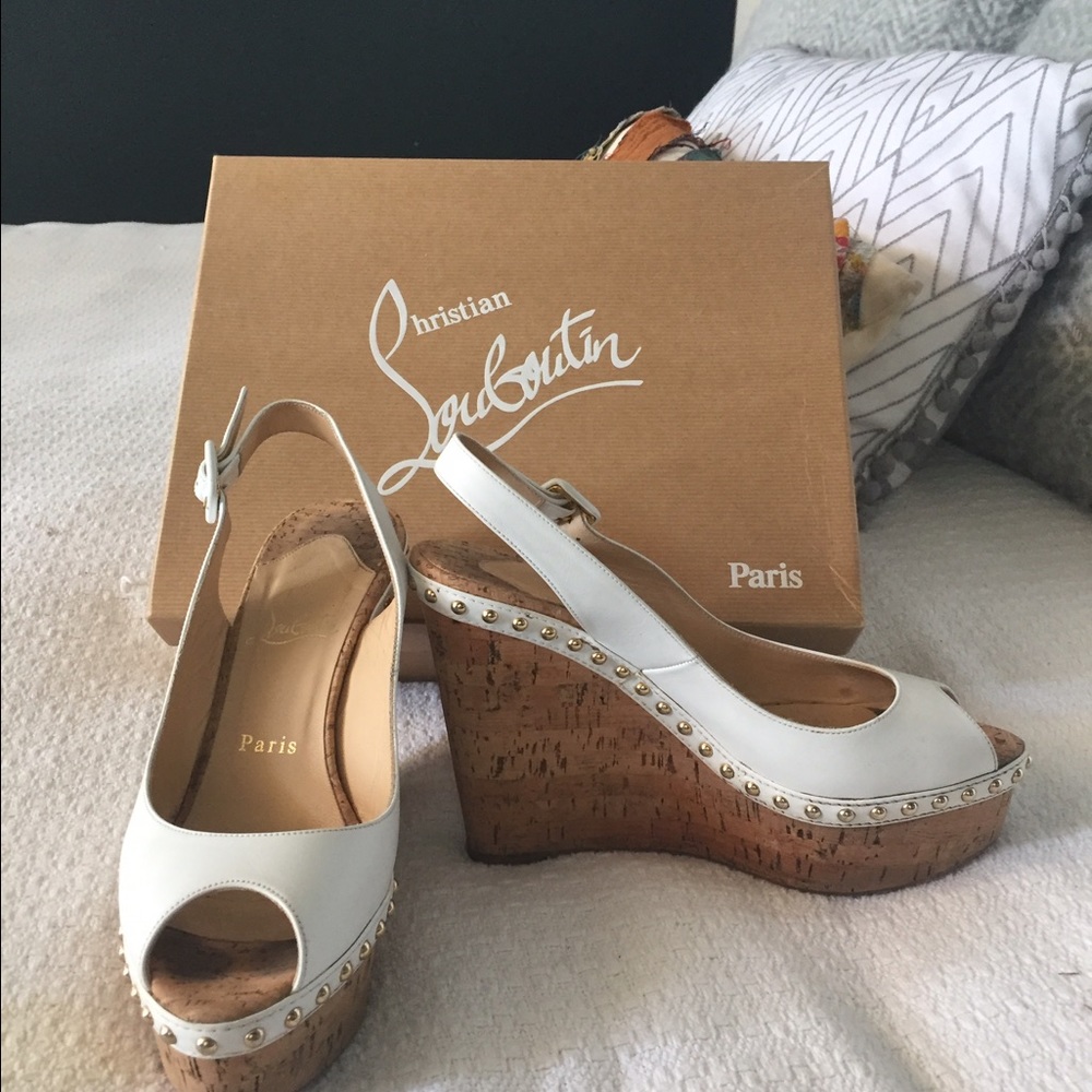 Louboutins! Monico White Calf leather Cork Wedges