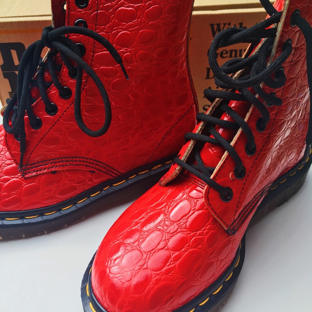 Dr Martens Red Croc Leather Shoes Combat Boots