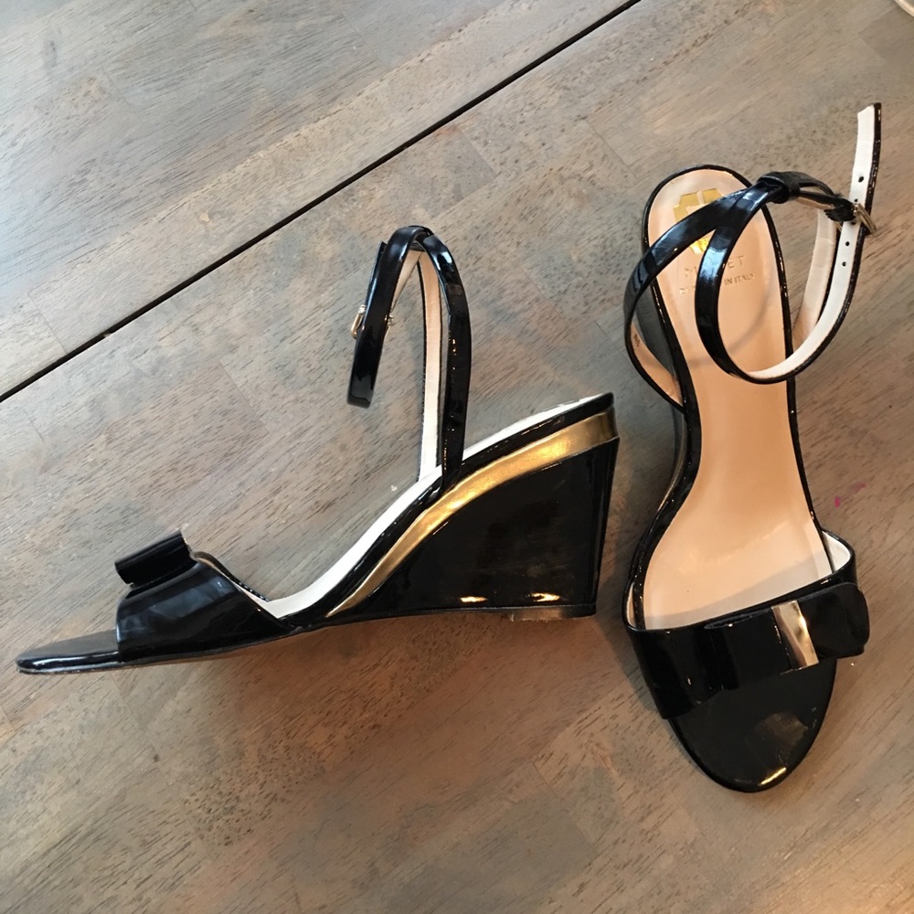 Patent black wedge heel sandals. Size 9.5