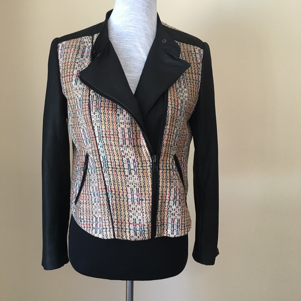 Theory biker pleather/tweed jacket size 10