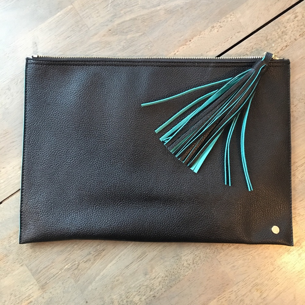 Large Black leather clutch with tassel