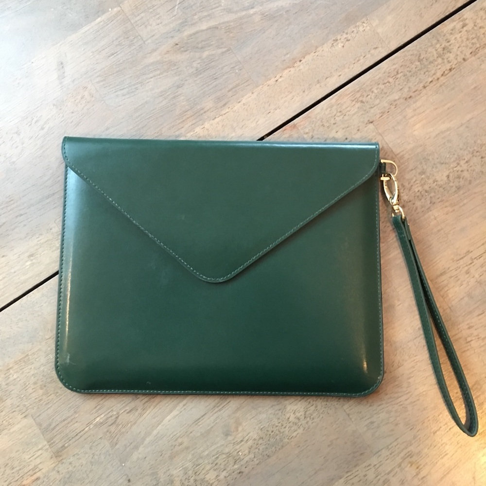 Dark green leather tablet clutch