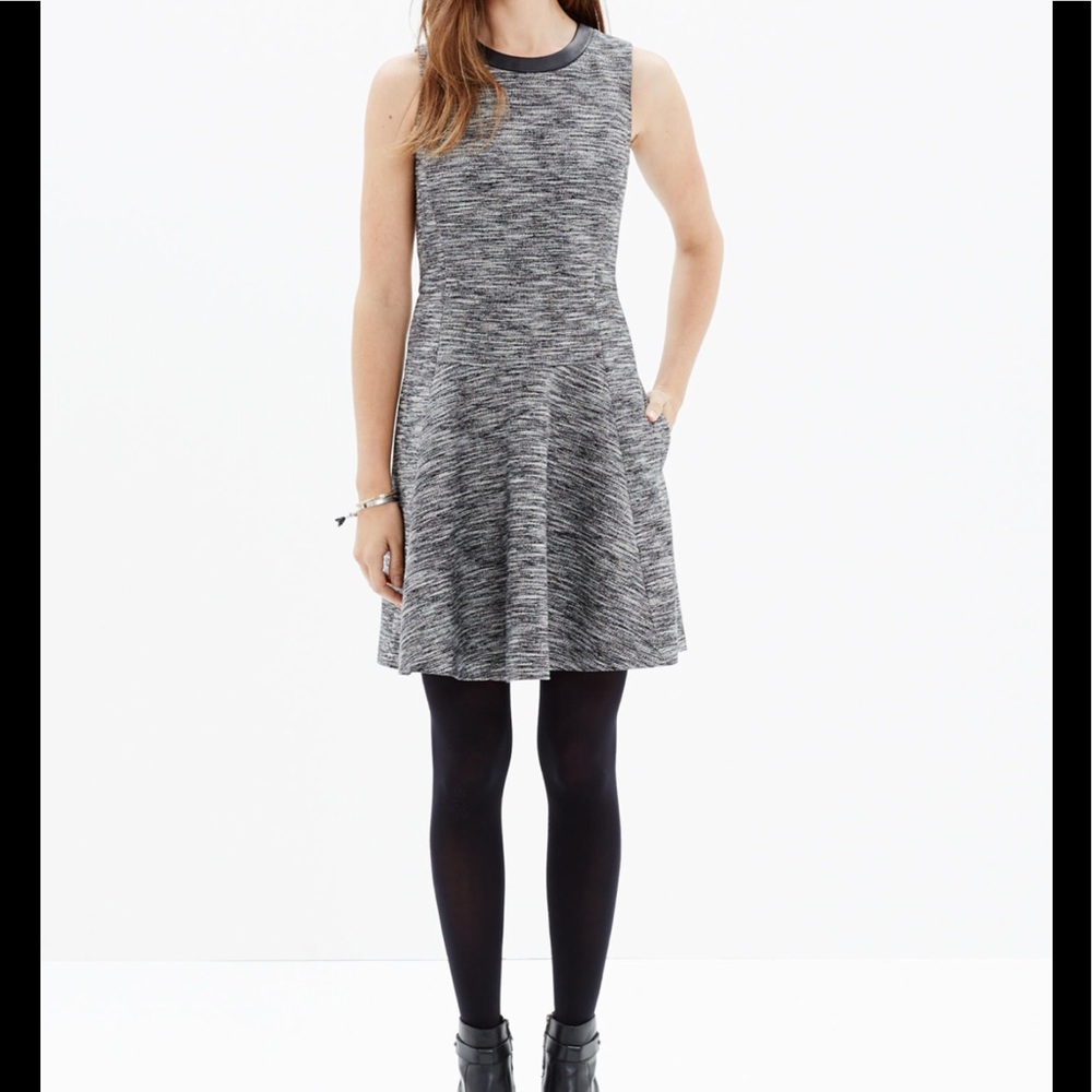 MADEWELL black tweed dress. Leather trimmed collar