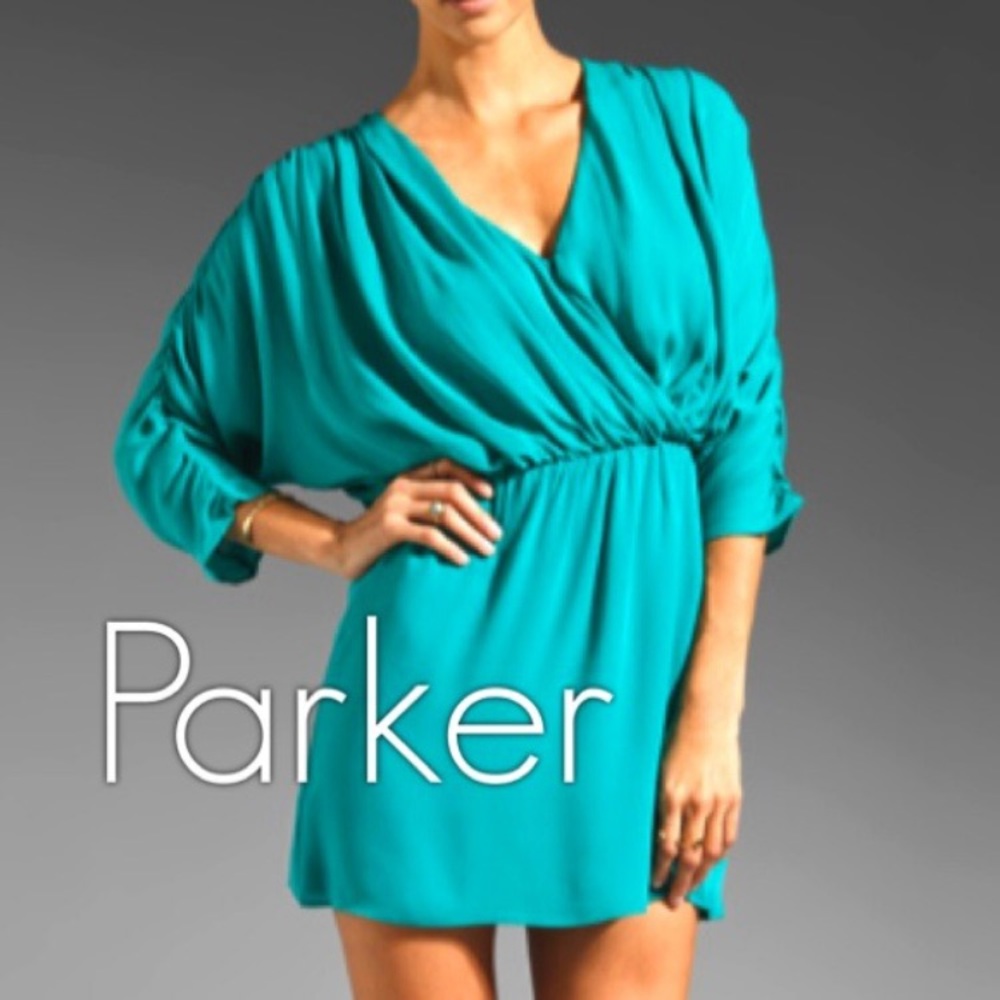PARKER Ruched Sleeve Silk Dress in Indian Teal