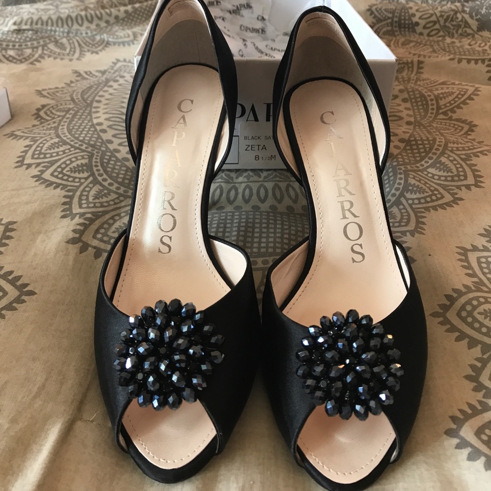 Caparros Black Satin Peep Toe Pumps - Size 8.5