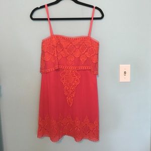 BCBG hot pink & orange embroidered strapless dress