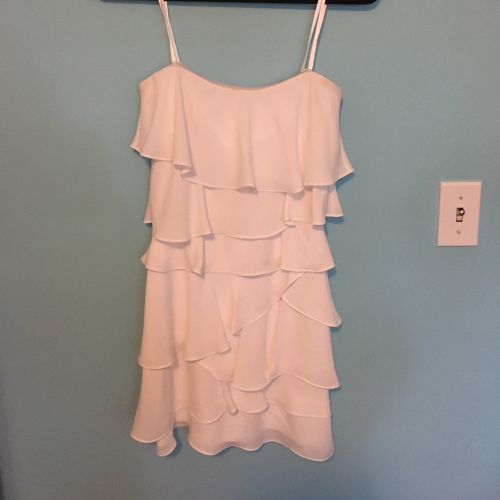 BCBG white ruffled strapless mini dress