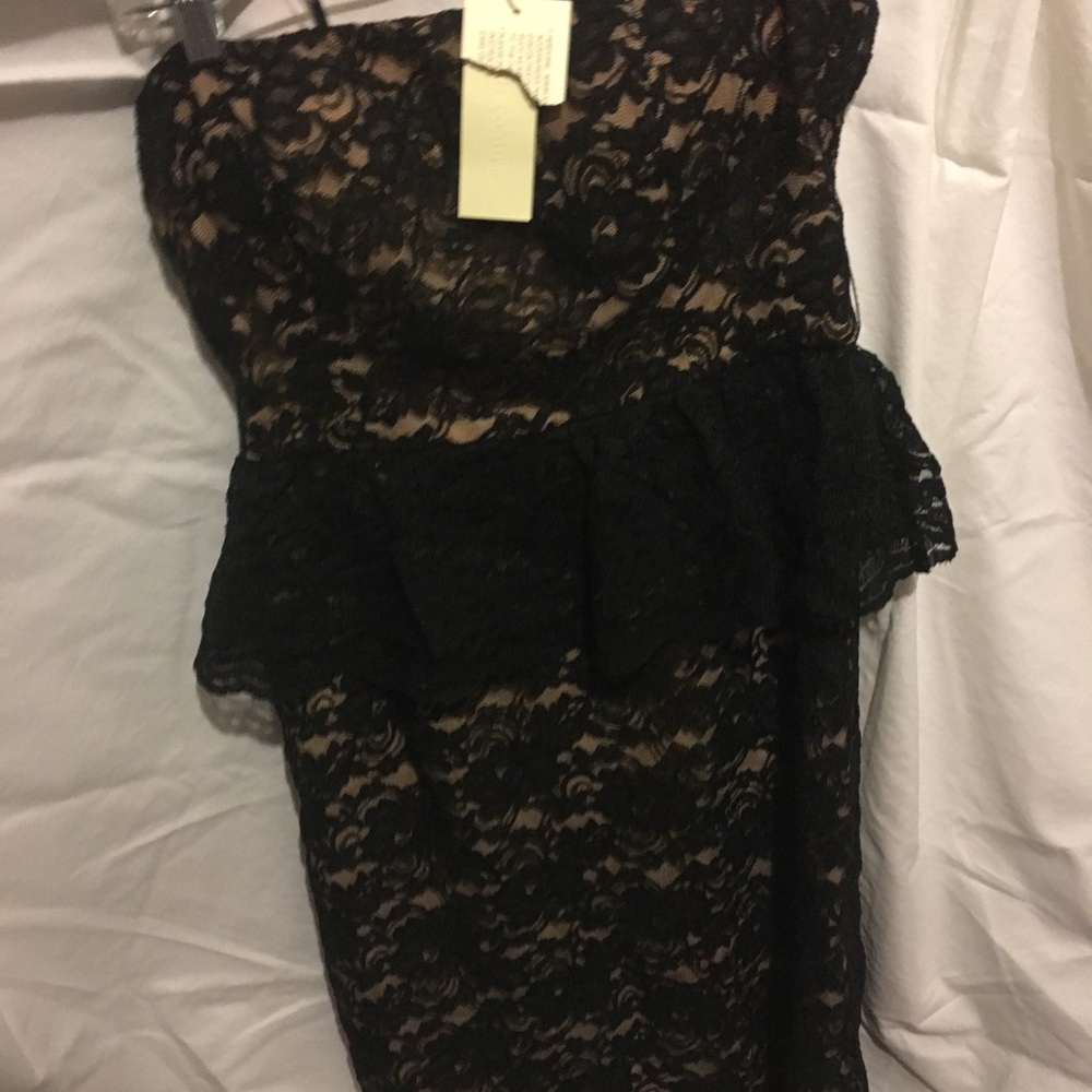 Black  strapless, peplum lace dress