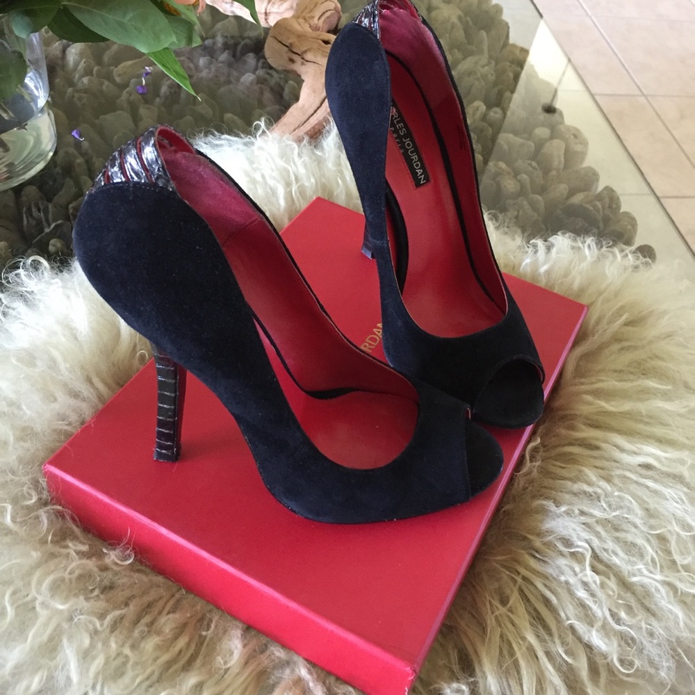Charles Jourdan Debbie Peep Toe Black Suede Pumps