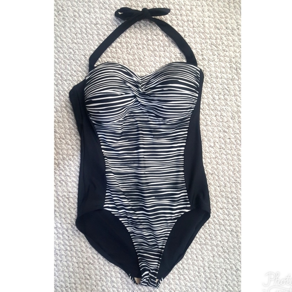 Black and White Striped Halter One Piece