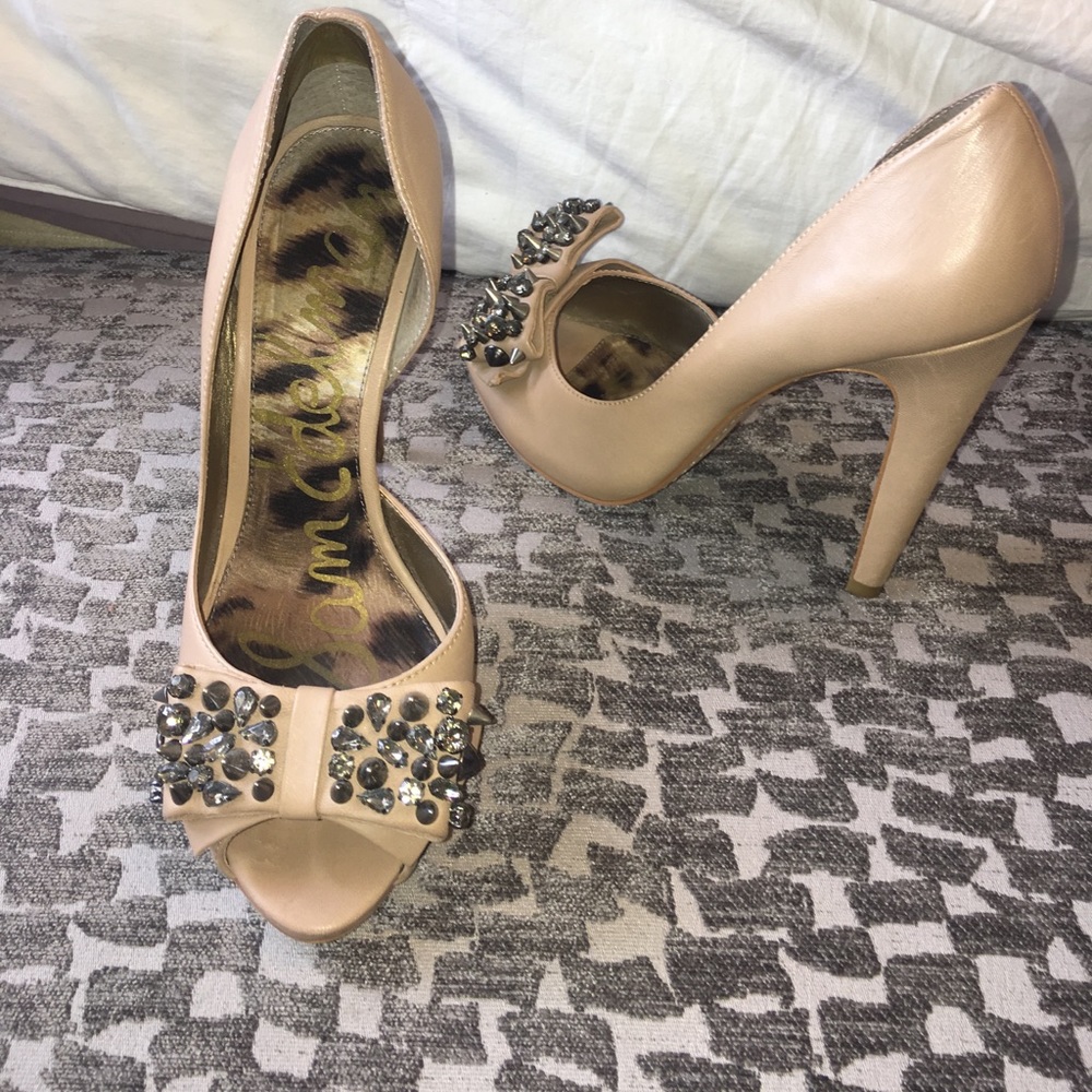 Sam Edelman "Lorna" Nude studded peep toe pumps