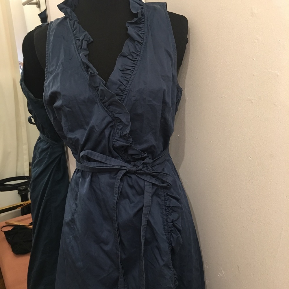 Blue ruffle neck LOFT wrap dress