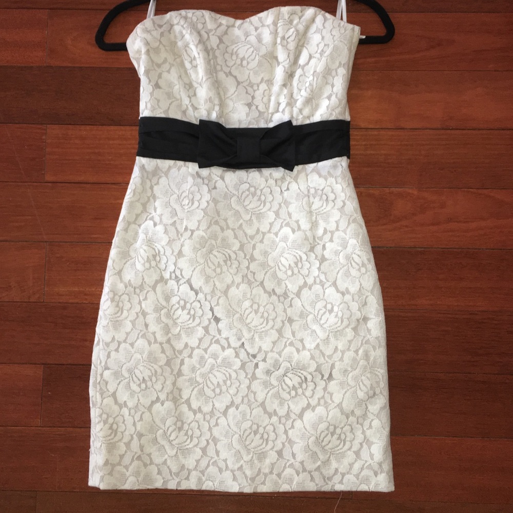 H&M White Lace Dress with Black Bow Detail