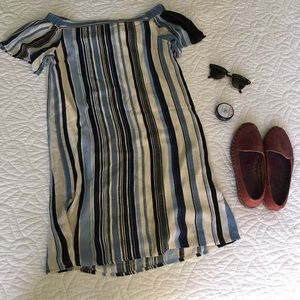Off the Shoulder Striped Blue Shift Dress