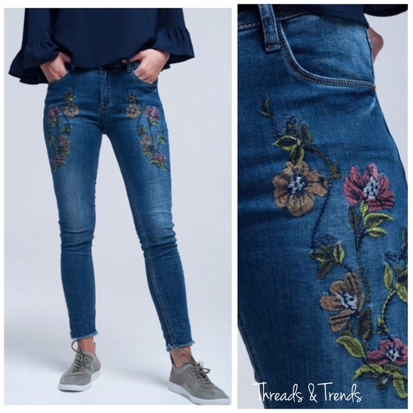 Embroidered Distressed Skinny Designer Jeans - Picture 2 of 7