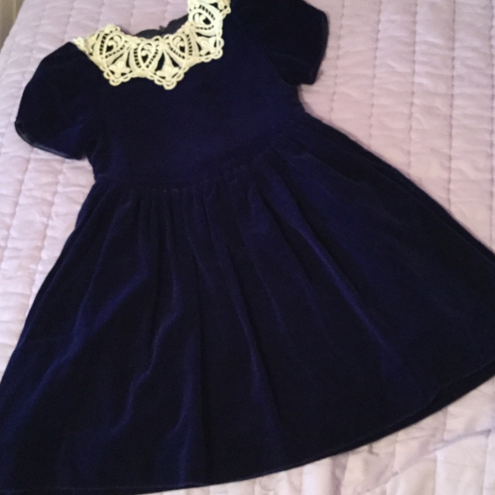 Beautiful navy velvet dress w/ white lace collar.