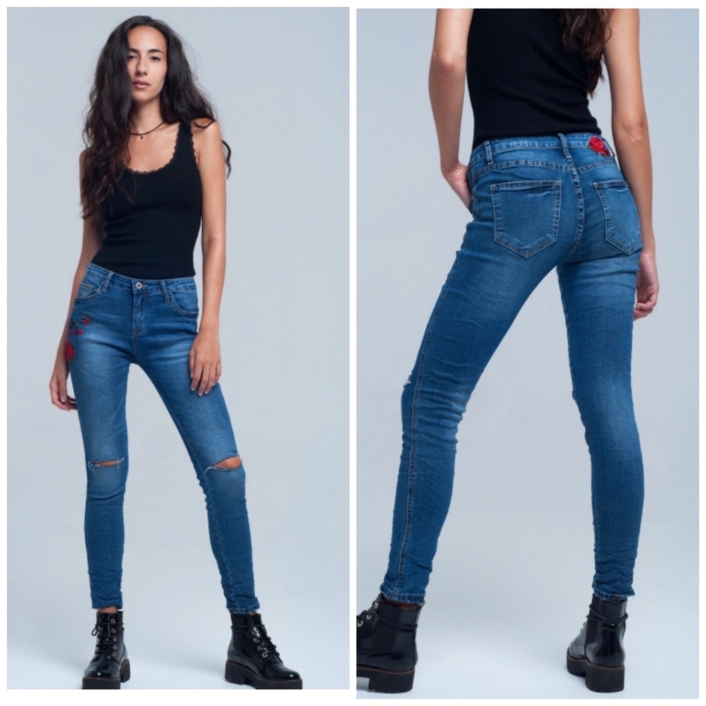 Embroidered Distressed Skinny Designer Jeans - Picture 3 of 8