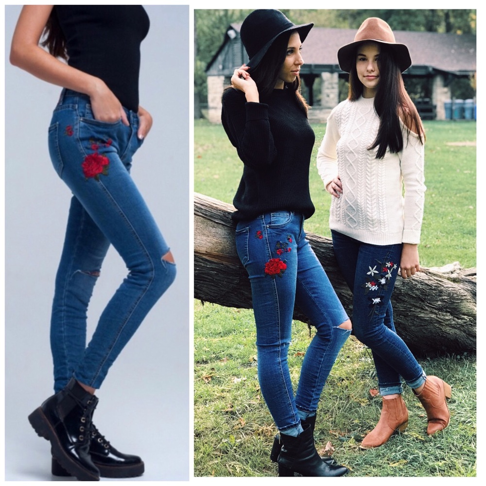 Embroidered Distressed Skinny Designer Jeans