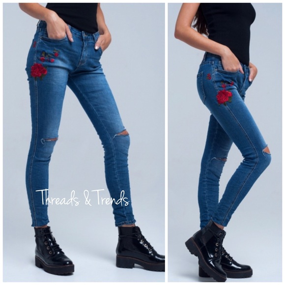 Embroidered Distressed Skinny Designer Jeans - Picture 2 of 8