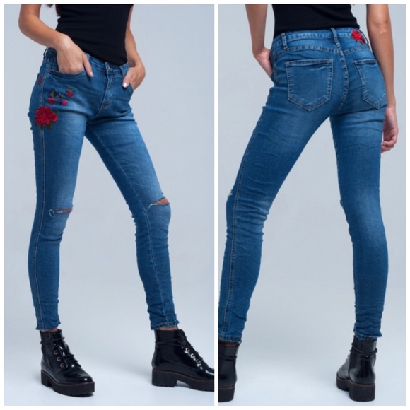 Embroidered Distressed Skinny Designer Jeans - Picture 4 of 8