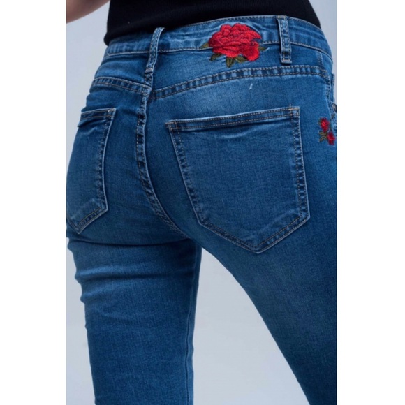 Embroidered Distressed Skinny Designer Jeans - Picture 5 of 8