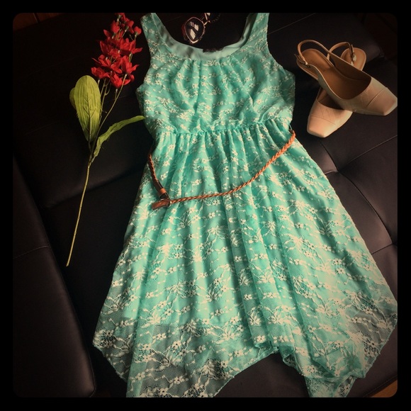 Turquoise Asymmetrical Hem Blue Dress - Picture 8 of 8