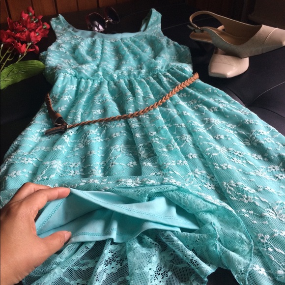Turquoise Asymmetrical Hem Blue Dress - Picture 4 of 8