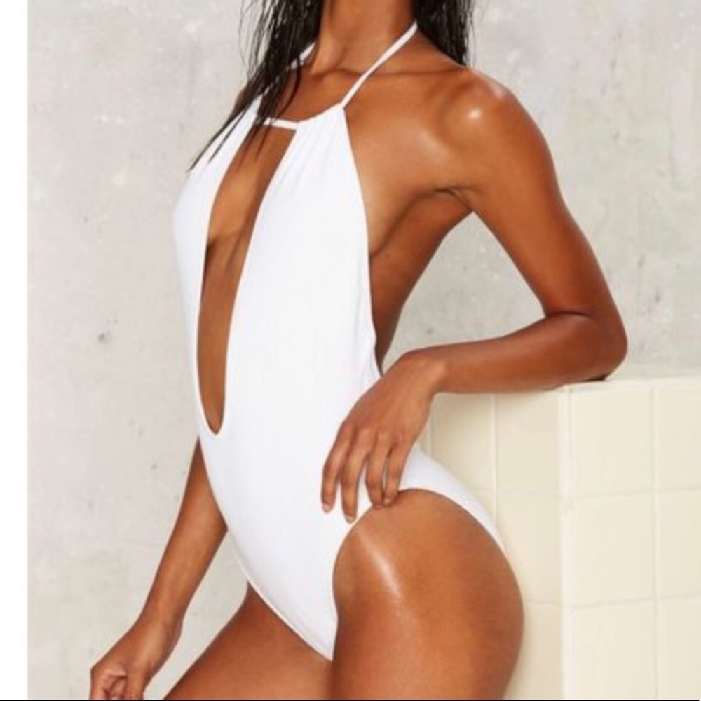 Nasty Gal White Ribbed One Piece Swimsuit