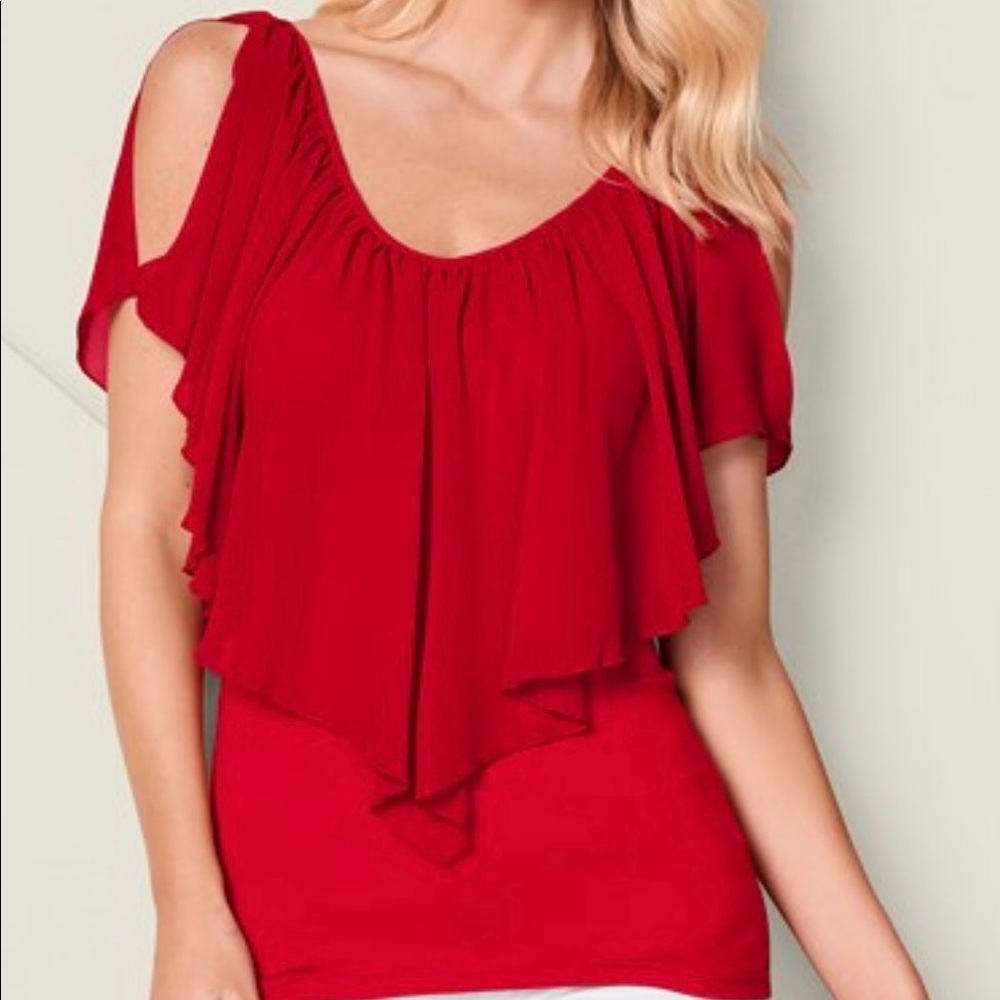 Cold Shoulder Dark Red Flutter Top Semi Sheer