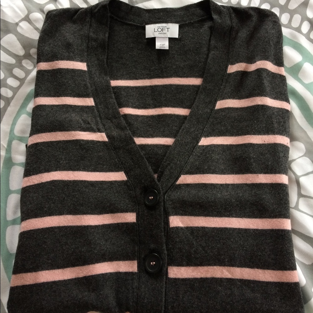 Gray and pink striped Ann Taylor Loft cardigan .