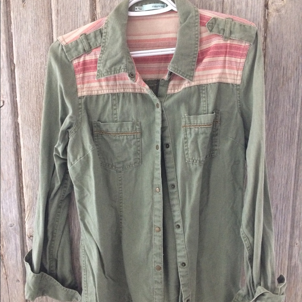 Green button down with southwest detail