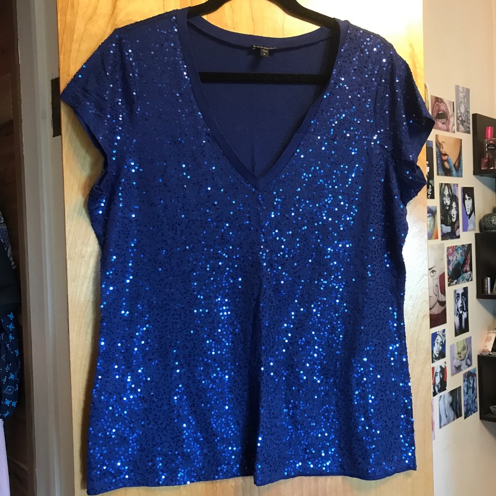 Express Shiny Blue Sequin Sparkly V-Neck Tee
