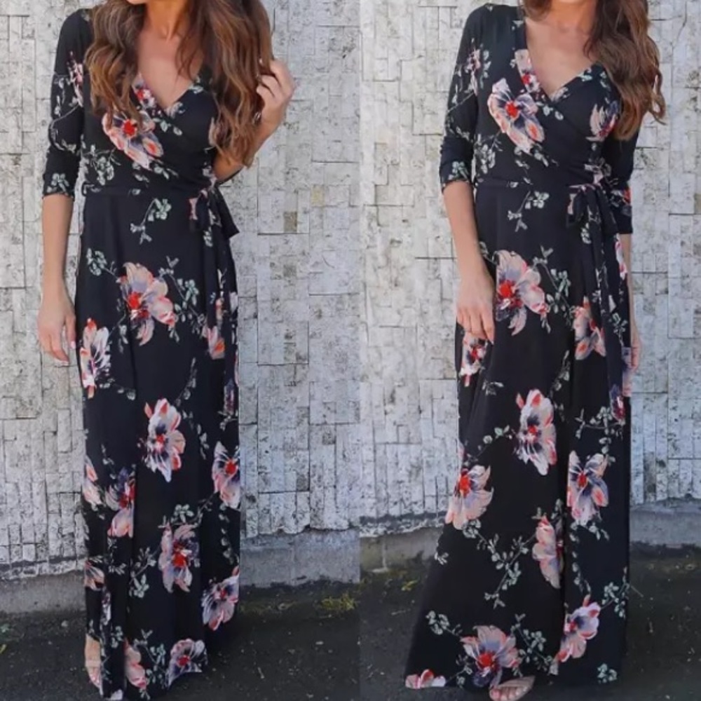 Floral wrap illusion maxi dress