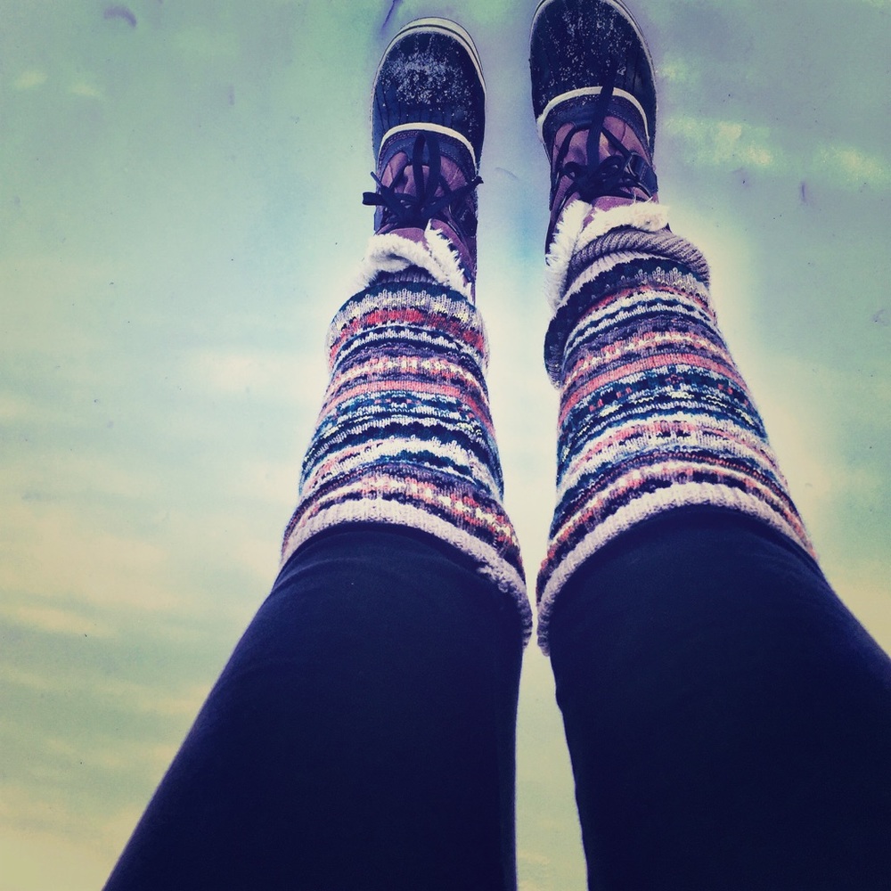 Brown white and green leg warmers