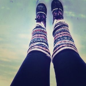 Brown white and green leg warmers