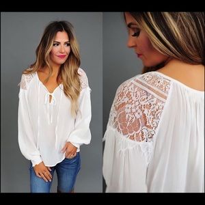 White Lace Detail Tie Front Top