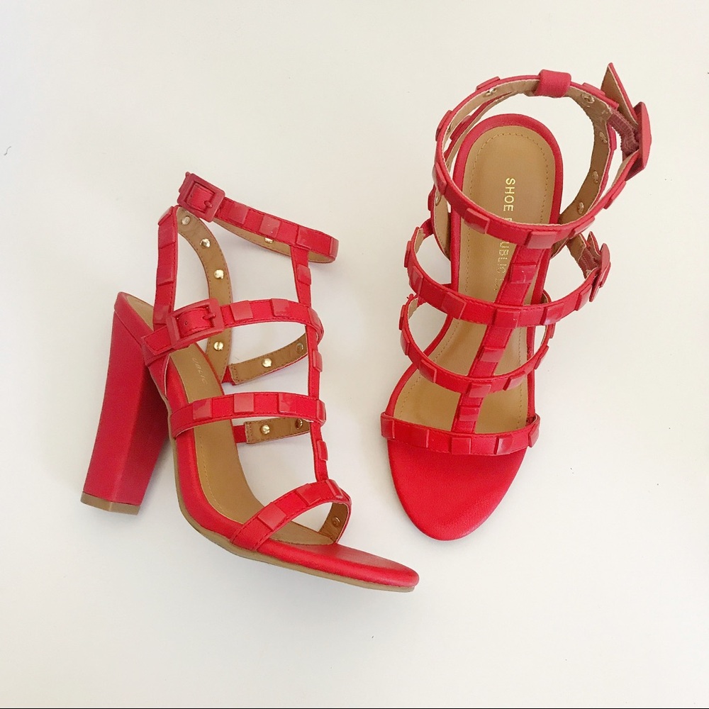 Red Caged Studded Heels