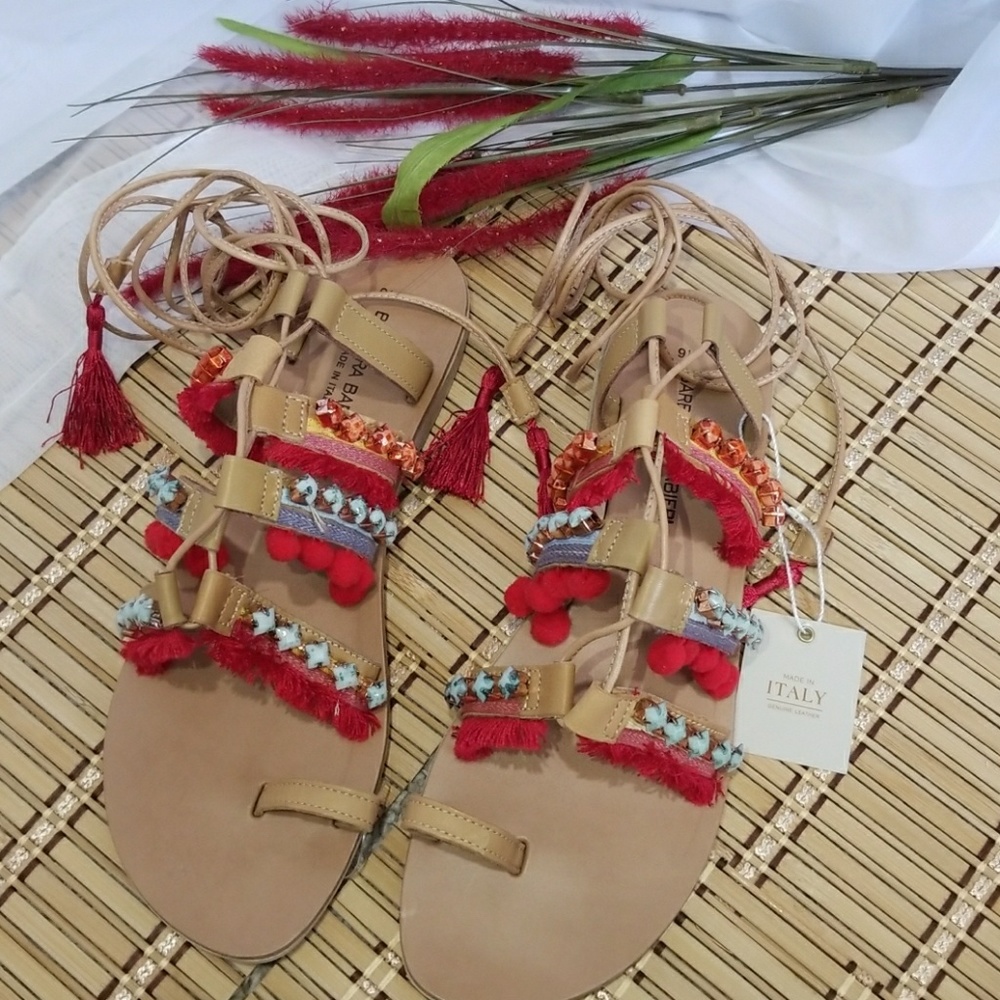 Barbara Barbieri Pom Pom Leather Flat Sandals