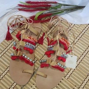Barbara Barbieri Pom Pom Leather Flat Sandals