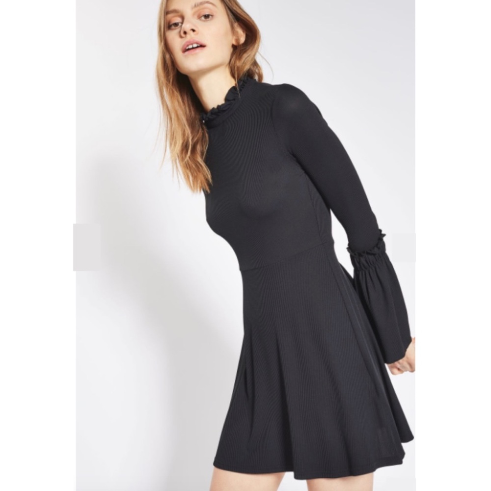 Topshop Fluted Ribbed Skater Dress, Black Dress - Picture 5 of 8