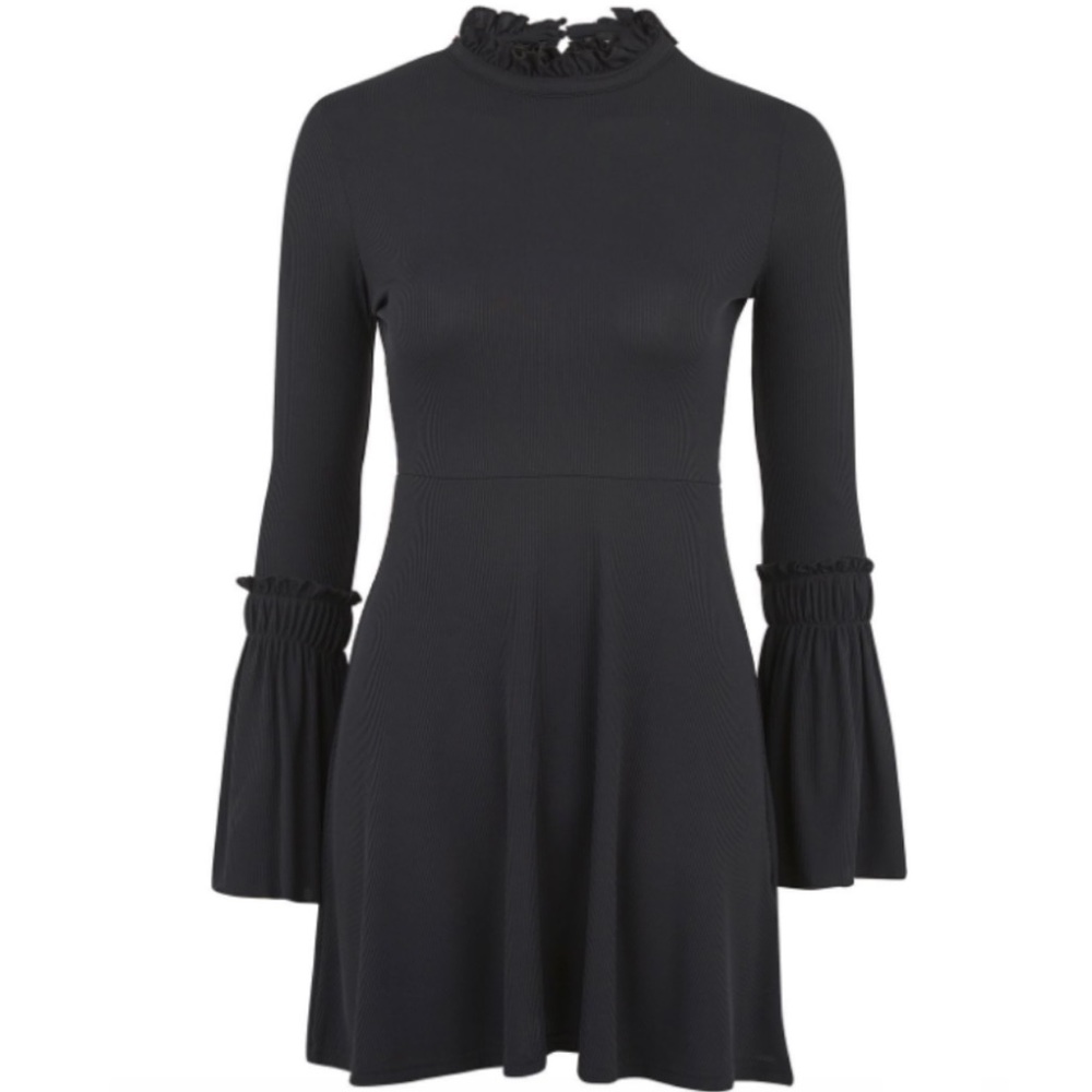 Topshop Fluted Ribbed Skater Dress, Black Dress - Picture 3 of 8