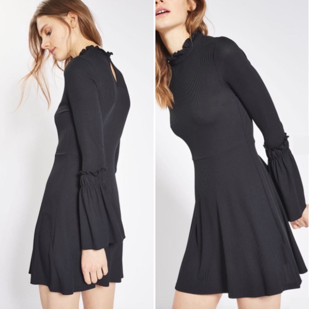 Topshop Fluted Ribbed Skater Dress, Black Dress - Picture 1 of 8