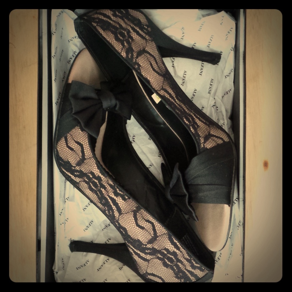 Alfani Callista Black Leather Lace Open Toe Heels