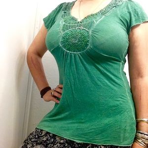 Green Ruched Beaded Blouse