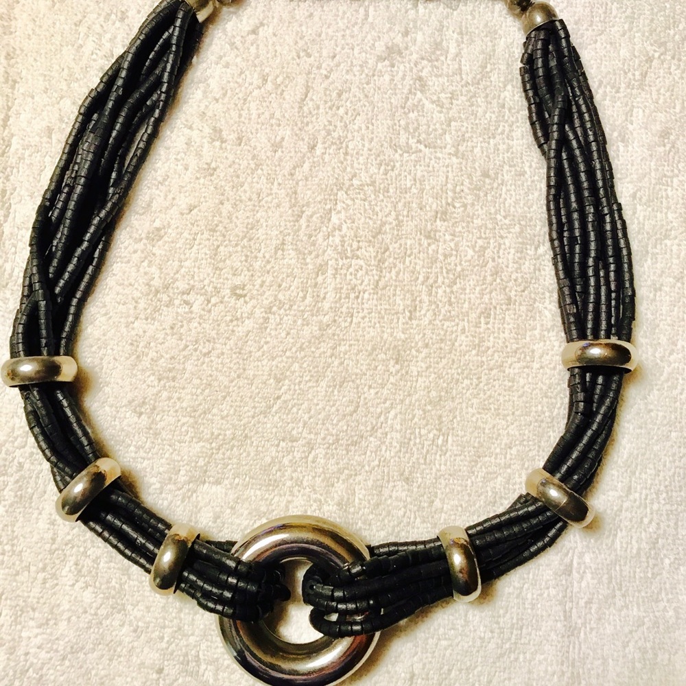 Black beaded Necklace with Silver rings