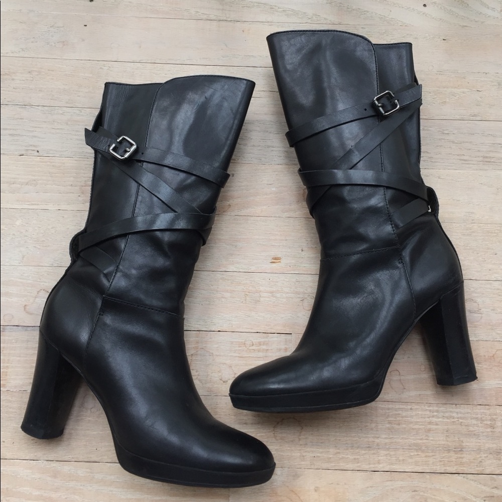 Black strappy heeled boots!