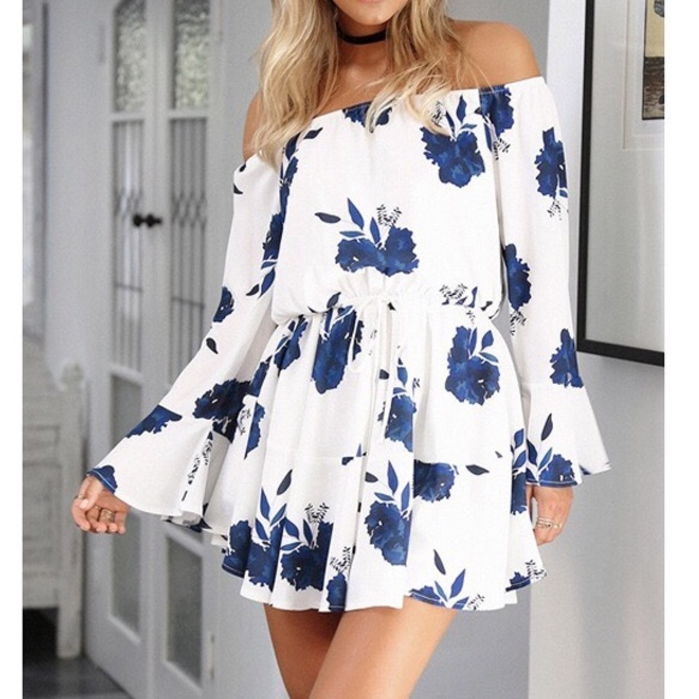 Blue floral open shoulder mini dress - Picture 2 of 4