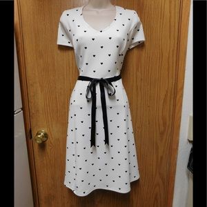White Dress W/Black Hearts -Side Pockets &Belt